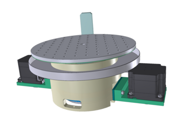 Doppeldrehtisch, Probe- und Detektorarm, Schrittmotoren mit Zahnriemen, Winkelmesssystem,  360 Grad Kabelfuehrung